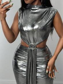 BamGleam Fashionable Sexy Metallic Cutout Dress - Silver - View 7