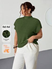 Firerie Atasan Rajut Kasual Lengan Pendek Kerah Tegak Model Batwing Warna Polos untuk Wanita Ukuran Plus, Cocok untuk Musim Semi hingga Musim Panas - Hijau - View 1