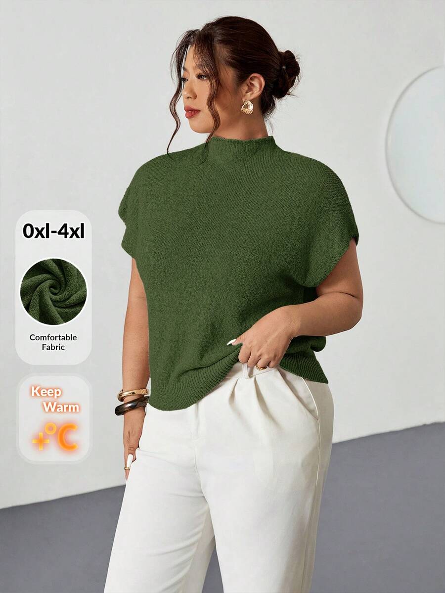 Firerie Atasan Rajut Kasual Lengan Pendek Kerah Tegak Model Batwing Warna Polos untuk Wanita Ukuran Plus, Cocok untuk Musim Semi hingga Musim Panas - Hijau - View 1