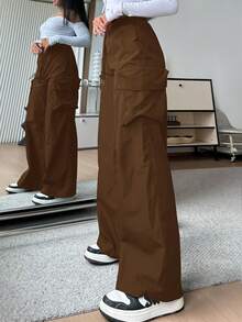 SHEIN EZwear 女士休闲纯色高腰阔腿裤 - 棕色 - 查看 3