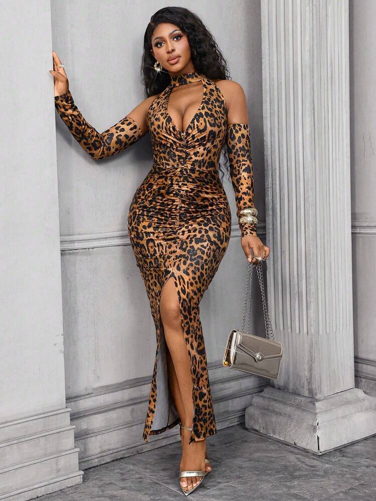 cheetah bodycon dress Shimmer Open Back in Print and bodycon fitted style also back hem slit MADE IN USA Content + Care 95% Polyester Lureya Women Elegant Deep V-Neck