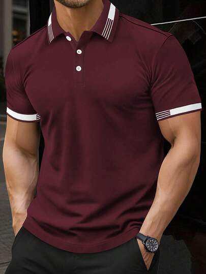 Manfinity Mode Men's Casual Contrast Trim Short Sleeve Polo Shirt, Summer Golf Shirt For Men Burgundy Shirts For Men Men's T Collar T Shirt Polo Shirts For Men Collar Maroon And White Shirt Men Old Money,Daily Leisure, Weekend Trips, Outdoor Activities, Travel Expeditions, Relaxed Work Environments Or Semi-Formal Occasions, Boyfriend/Husband Gift, Anniversary /Birthday Gift Party Christmas New Years Wedding