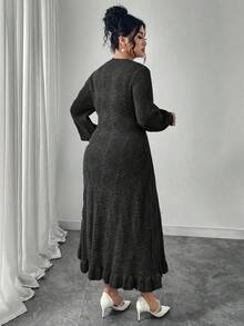Modelyn Plus Size Color Block Bow Decor Minimalist Daily Wear Round Neck Long Sleeve Sweater Dress Plus Size Dress Maweii Plus Size Dress Plus Size Church Dress - Black - View 2
