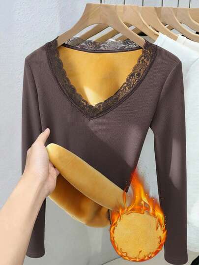 GlowEve Women's Lace Lined Long Sleeve Base Layer Top, Thick & Warm For Autumn/Winter