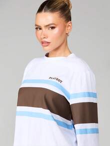 Missguided x Playboy Camiseta de cuello redondo de manga larga con rayas horizontales y diseño de bloques de color, un elemento esencial para el armario de otoño e invierno con un ajuste relajado - Blanco - Ver 4