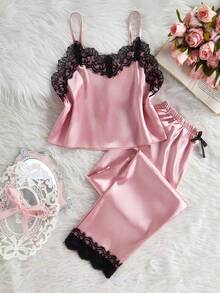 2pcs Girls Pajama Set, Lace Patchwork Camisole And Soft Lounge Pants, Comfortable Sleepwear Satin Pajamas Set - Multicolor - View 1