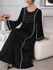 Al Najma 女士秋冬撞色褶皱优雅阿拉伯风格连衣裙 - 黑色 - 查看 6