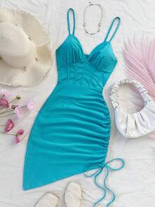 Soleia Gaun Mini Slip Rajut Merah Wanita dengan Kerah V, Pinggang Berbentuk Tulang Ikan, dan Hem Asimetris Berkerut, Cocok untuk Liburan. - Mint Blue - View 6