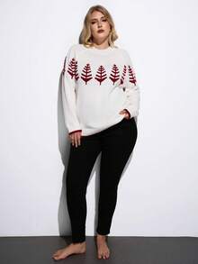 Maija Plus Size Women's Casual Basic Crew Neck Pullover Sweater, Christmas Autumn/Winter Halloween Costume For Women Christmas New Year Thanksgiving Elegant Party Wedding Top Fall For Women Women's Winter Old Money Romantic, Fashion, Versatile; Comfortable, Stylish, Elegant, Casual, Simple Daily Wear, Essential, Holiday Casual, Decent, Single Lady, Elegant - White - View 6