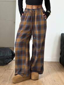 SHEIN PETITE 女士秋冬街头复古外出休闲宽松格纹阔腿裤 - 彩色 - 查看 4