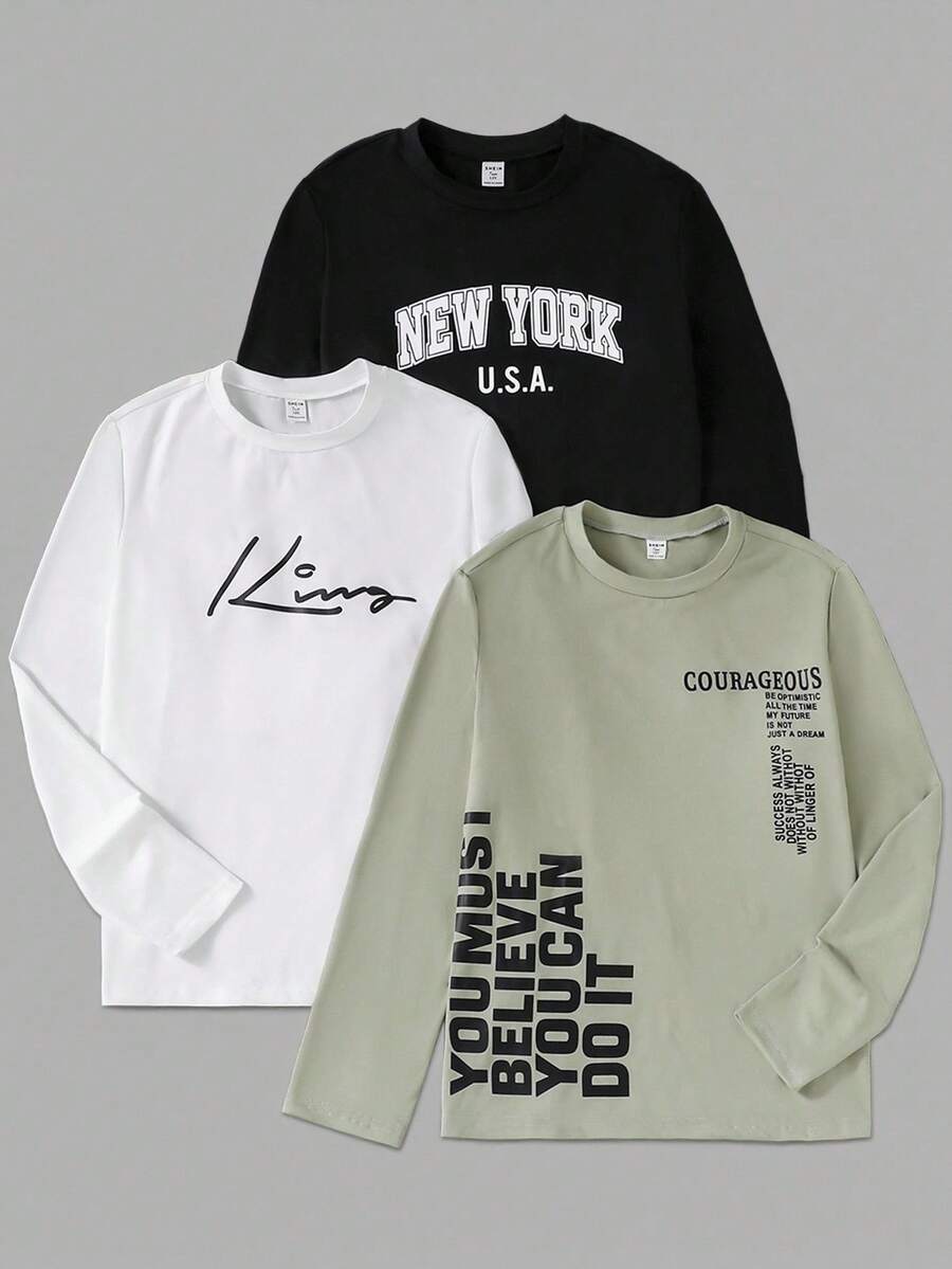 Vacaura 3 件套青少年男孩休闲字母印花圆领长袖 T 恤，适合秋冬季休闲、街头、通勤、分层穿着