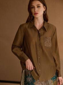 MOTF PREMIUM CONTRAST GUIPURE LACE PATCHED POCKET SHIRT - Brown - View 4