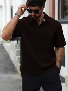 Manfinity CasualCool 男士成熟休闲人字纹 Polo 衫 男士钩针衬衫 针织衫 男士纽扣针织 Polo 衫 男士棕色上衣 棕色针织衬衫 - 彩色 - 查看 3