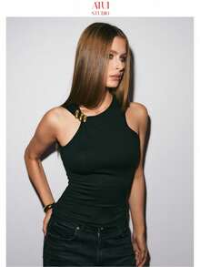 ATUI Studio Damen Asymmetrische Kaltschulter Bluse, sexy & elegante Büro-Lady-Bluse mit Metallknopf-Dekor an der Schulter, modisch für den Arbeitsweg, elegant & sexy, geeignet für Strandurlaub auf Hawaii, Kaltschulter-Design, Bluse, elegantes Damen-Camisole