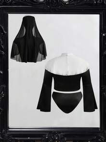 Fantasy Costume Fantasy Costume 大码女士性感内衣套装，包括长袖露肩上衣、低腰吊袜带内裤、披肩和头饰（4件套） - 黑與白 - 查看 2