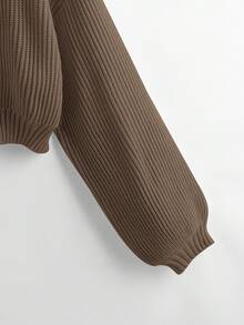 ROMWE 休闲纯色高领毛衣，秋冬季 - 卡其色 - 查看 4