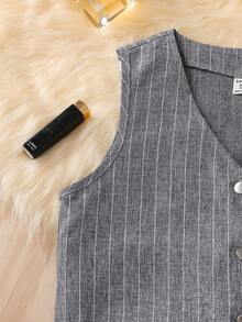 SHEIN 3pcs Girls Sleeveless Buttoned Vest, Turtleneck Ribbed Long Sleeve T-Shirt, And Pleated Skirt With Belt Set - Multicolor - View 4