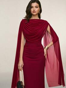 Poéselle Women's Burgundy Summer Elegant Dining Two-Piece Set,Ruched Shawl Top & Sleeveless Slim-Fit Midi Dress With Gold Brooch,Wedding Cocktail Party Outfit - Burgundy - View 3