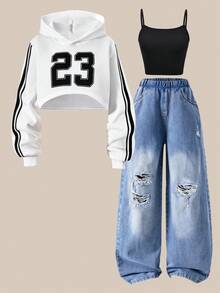 SHEIN ChillGRL 三件套时尚休闲少女套装：白色短款连帽衫（黑色侧边饰带）、黑色吊带背心、蓝色破洞牛仔裤，适合秋冬季外出、通勤和购物。 - 彩色 - 查看 8