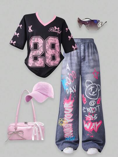 SHEIN ChillGRL Tween 女童数字印花 V 领短袖上衣和涂鸦仿牛仔印花裤夏季休闲装