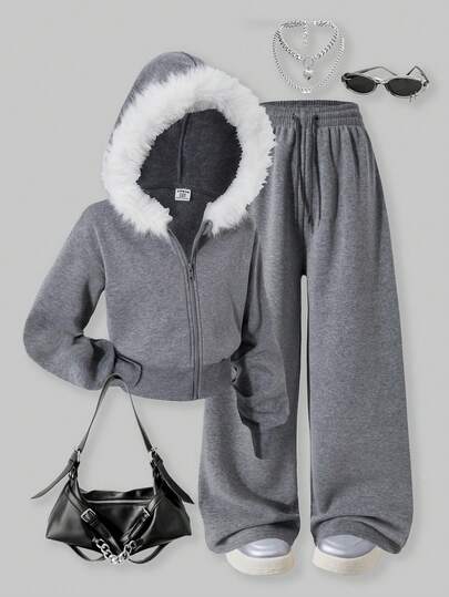 SHEIN ChillGRL Streecool Tween Girl flickor 2-delat set: Fleecejacka med dragkedja och huva, fransade kanter + byxor med raka ben och dragsko, lämplig för vardagsresor, pendling, semester på hösten/vintern