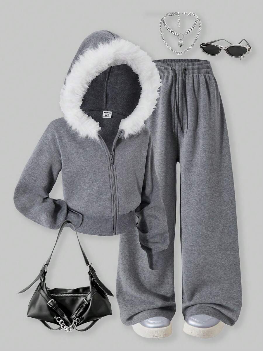 SHEIN ChillGRL Streecool Tween Girl Girls 2-Piece Set: Fleece Zip-Up Hooded Short Jacket With Frayed Edges + Drawstring Straight Leg Pants, Suitable For Casual, Commute, Vacation In Autumn/Winter Fall