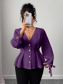Elenzga 大码时尚收腰喇叭下摆优雅浅色纽扣设计衬衫 - 紫色 - 查看 1