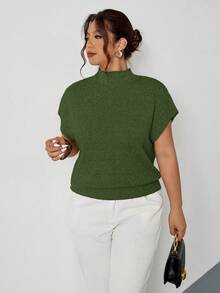 Firerie Atasan Rajut Kasual Lengan Pendek Kerah Tegak Model Batwing Warna Polos untuk Wanita Ukuran Plus, Cocok untuk Musim Semi hingga Musim Panas - Hijau - View 5