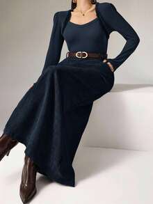 Heiryn Plus Size Elegant Solid Color A-Line Skirt, Autumn/Winter - Navy Blue - View 3