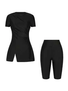 Swim Mulvari 新款夏季女士圆领短袖褶皱肩部开衩下摆连衣裙及黑色百慕大短裤休闲度假比基尼套装 - 黑色 - 查看 5