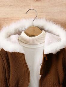 SHEIN 少女休闲百搭多功能保暖毛领中长连帽针织外套，适合上学和日常穿着，秋冬季 - 棕色 - 查看 4