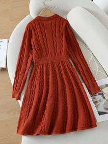 Sparklyn 少女毛衣连衣裙，时尚优雅可爱蝴蝶结泡泡袖套头短裙 - 鏽棕色 - 查看 2