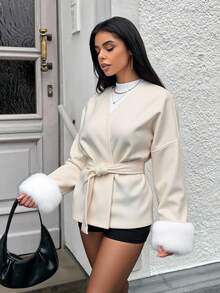 MainGRL Women's White Elegant Patchwork Faux Fur Cuff Overcoat, Autumn/Winter,Old Money Style Women,Fall - White - View 1