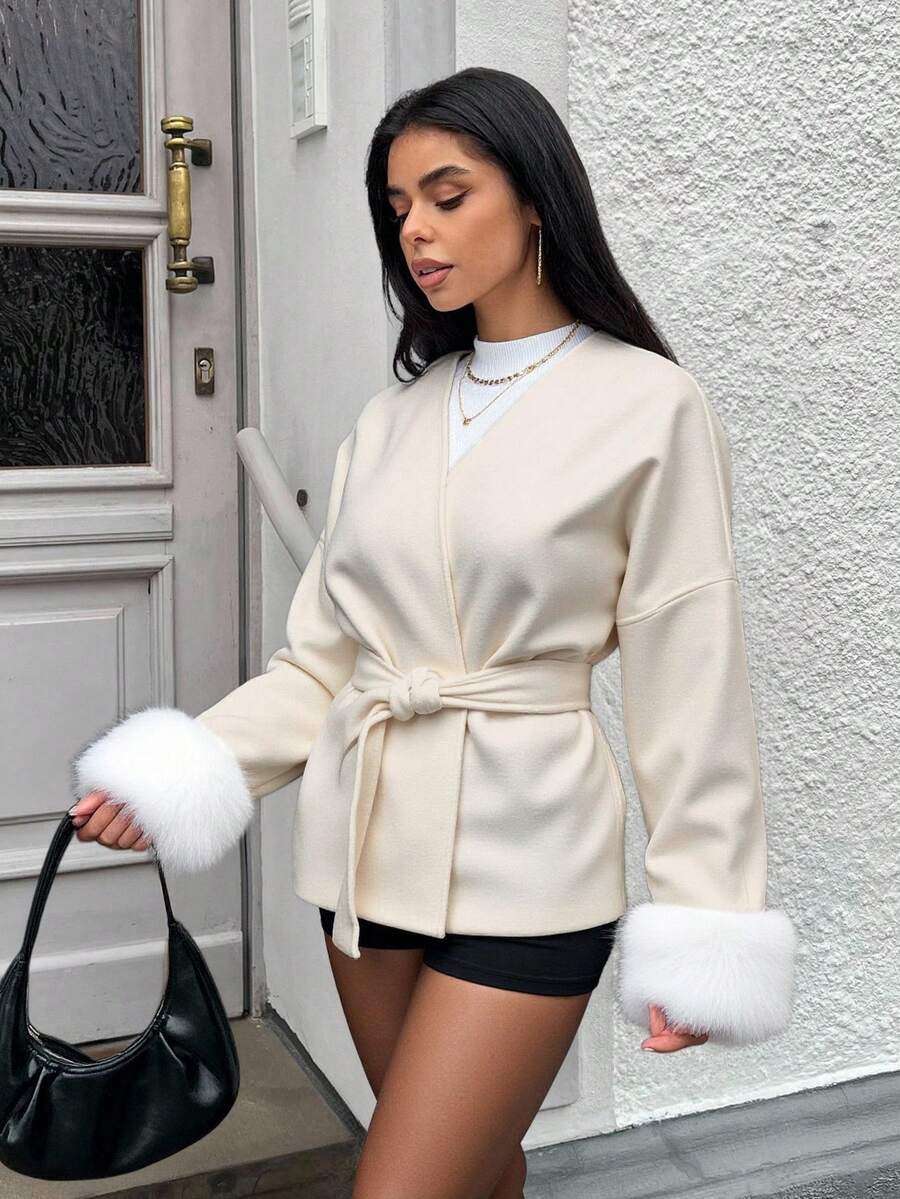 MainGRL Women's White Elegant Patchwork Faux Fur Cuff Overcoat, Autumn/Winter,Old Money Style Women,Fall - White - View 1