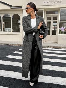SHEIN Tall Women's Herringbone Pattern Lapel Collar Long Sleeve Long Overcoat, Autumn/Winter,Fall - Grey - View 10