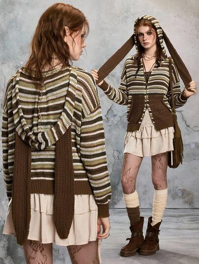 Suéter vintage de estilo fairycore con orejas de conejo, lindo y travieso para mujer