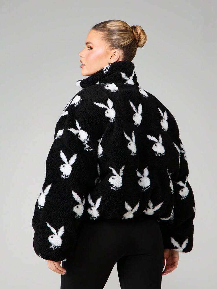 Missguided x Playboy Oversized Crop Puffer Jacket With Bunny Head Pattern For Winter Streetwear Fashion Outerwear