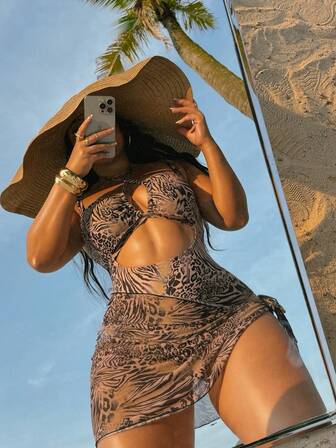 Swim SXY Traje de baño de una pieza con estampado de leopardo de cobertura completa y patrón aleatorio sexy para mujer de talla grande