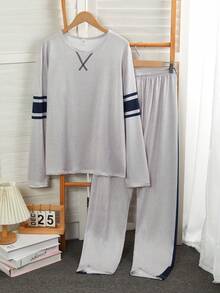 Teen Boys Sport Stripe Loungewear Set,Gray Navy 2-Piece Combo Round Neck Long Sleeve Top&Loose Pants Pajama Set For Winter Holiday New Year Essential - Light Grey - View 3