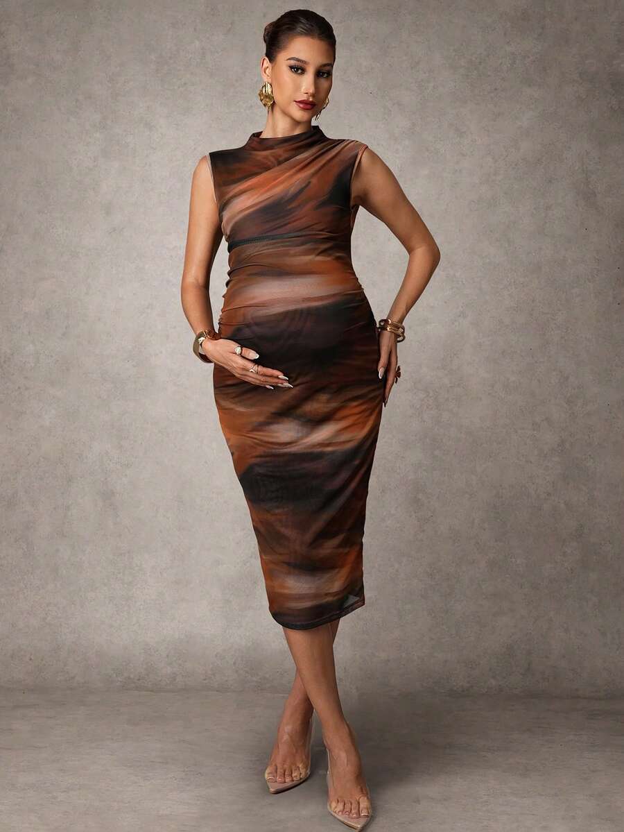 MaterniChic Maternity Tie-Dye Print Stand Collar Ruched Bodycon Dress Elegant Dresses Baby Shower Dress Pregnancy Photoshoot Dress Brown Maternity Dress Earth Tone Dress Brown Bodycon Dress Brown Elegant Dress Women Brown Casual Dress Brown Wedding Guest Dress - Brown - View 1