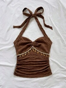 Soleia 女士度假派对棕色上衣，露背系带海星贝壳装饰蕾丝V领花卉金属扣白色针织修身款，性感修身时尚上衣，适合派对、约会、邮轮、海滩、度假、音乐节、波西米亚风度假。 - 棕色 - 查看 3