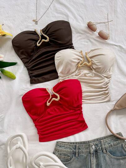 Soleia 3pcs Women's Vacation Knit Textured Cropped Camisole Top With Hollow Heart Metal Buckle Decor, Fitted Slim Flattering, Suitable For Christmas, Date Night, Nightclub, Beach, Cruise, Afternoon Tea, Bohemian, Boho, Vacation,Red Top,Red Tops For Women, Red Top