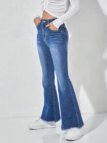 SHEIN PETITE 休闲水洗低腰修身喇叭牛仔裤 - 中等水洗藍 - 查看 7