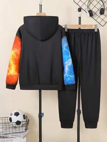 Fantacosmos 2pcs/Set Boys' Football Flame & Lightning 3D Print Hoodie & Sweatpants Set, Street Style, Spring/Autumn/Winter