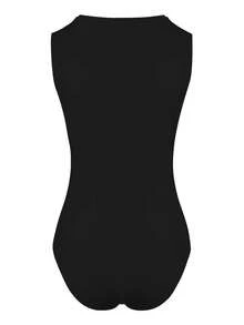 INAWLY 女士纯色 V 领无袖前拉链紧身衣，性感 - 黑色 - 查看 2