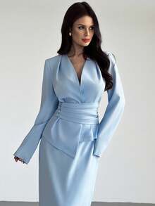 Firerie 女士优雅通勤时尚日常通勤不对称腰长袖衬衫和长裙套装，西装外套式裙套装，蓝色通勤套装，复古风格套装，教师工作制服西装外套式套装，春秋冬装，优雅，通勤，办公室，日常，简约，工作服 - 藍色 - 查看 5