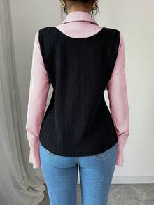 Elenzga Women's Casual Contrast Striped Long Sleeve Regular Top, Autumn - Baby Pink - View 2