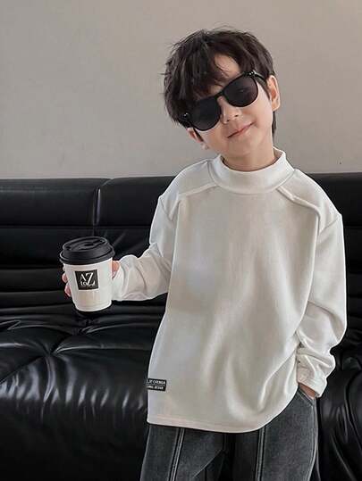 Tween Boy Casual Korean Style Basic Solid Color Mock Neck Thick Fleece Long Sleeve T-Shirt, Suitable For Autumn, Spring, Winter, Outdoor Play And Leisure, High Cost-Performance