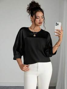Rafferiza Women's Casual Loose Patchwork Mid-Sleeve Black Shirt, Suitable For All Seasons - Black - View 1