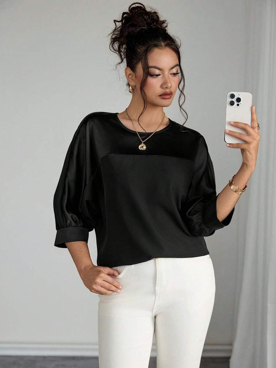 Rafferiza Women's Casual Loose Patchwork Mid-Sleeve Black Shirt, Suitable For All Seasons - Black - View 1